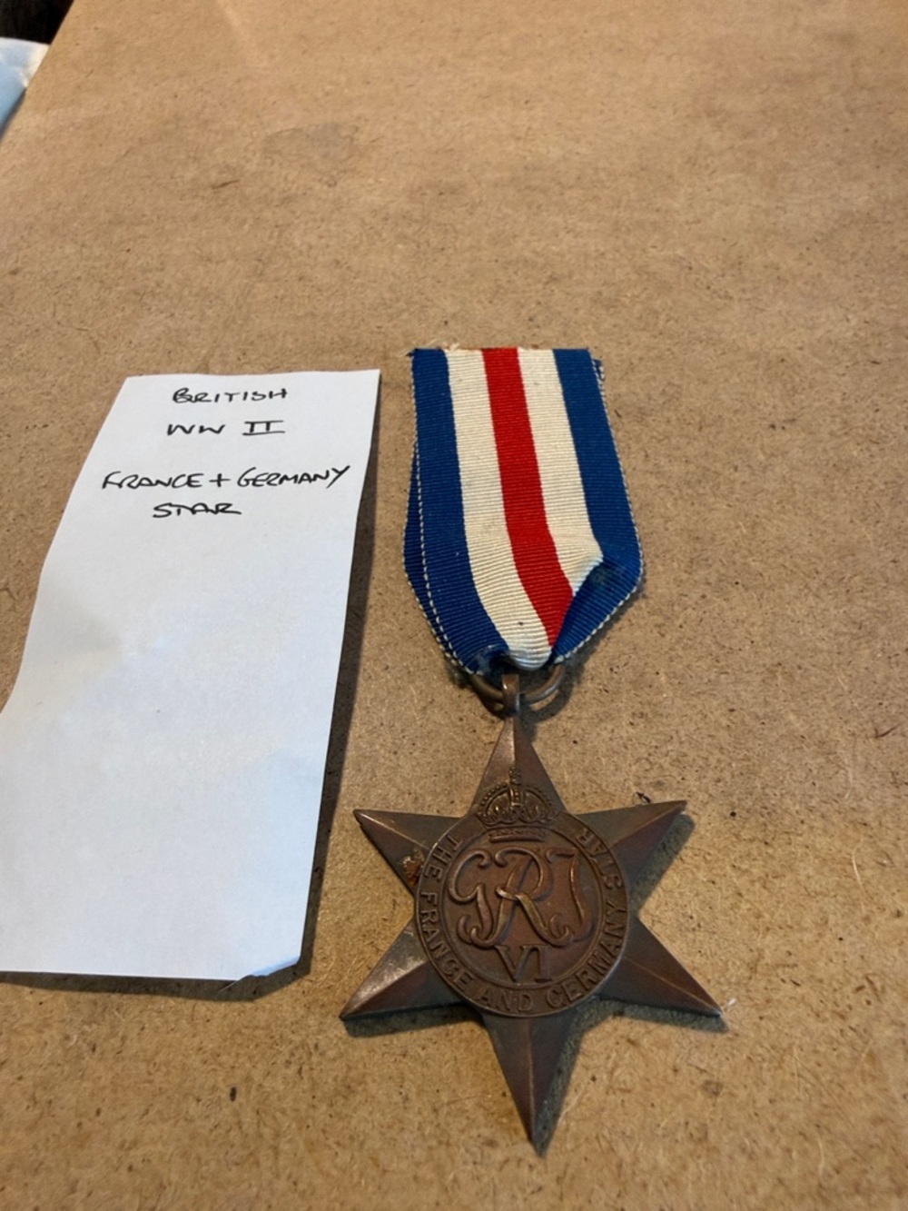 Wwii Six-Point Star France & Germany Medal With Blue-White-Red Ribbon